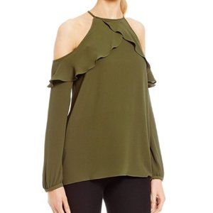 Michael Kors | Halter Neck Ruffle Long Sleeve Top | Olive Green | Large